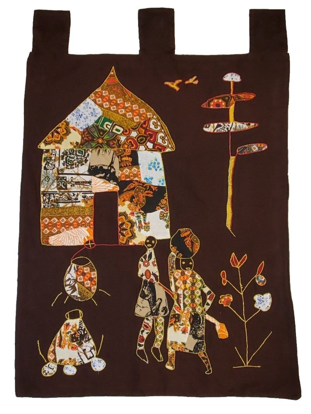 African Folk Art Textile Wall Hanging Village People Applique Embroidery 35"